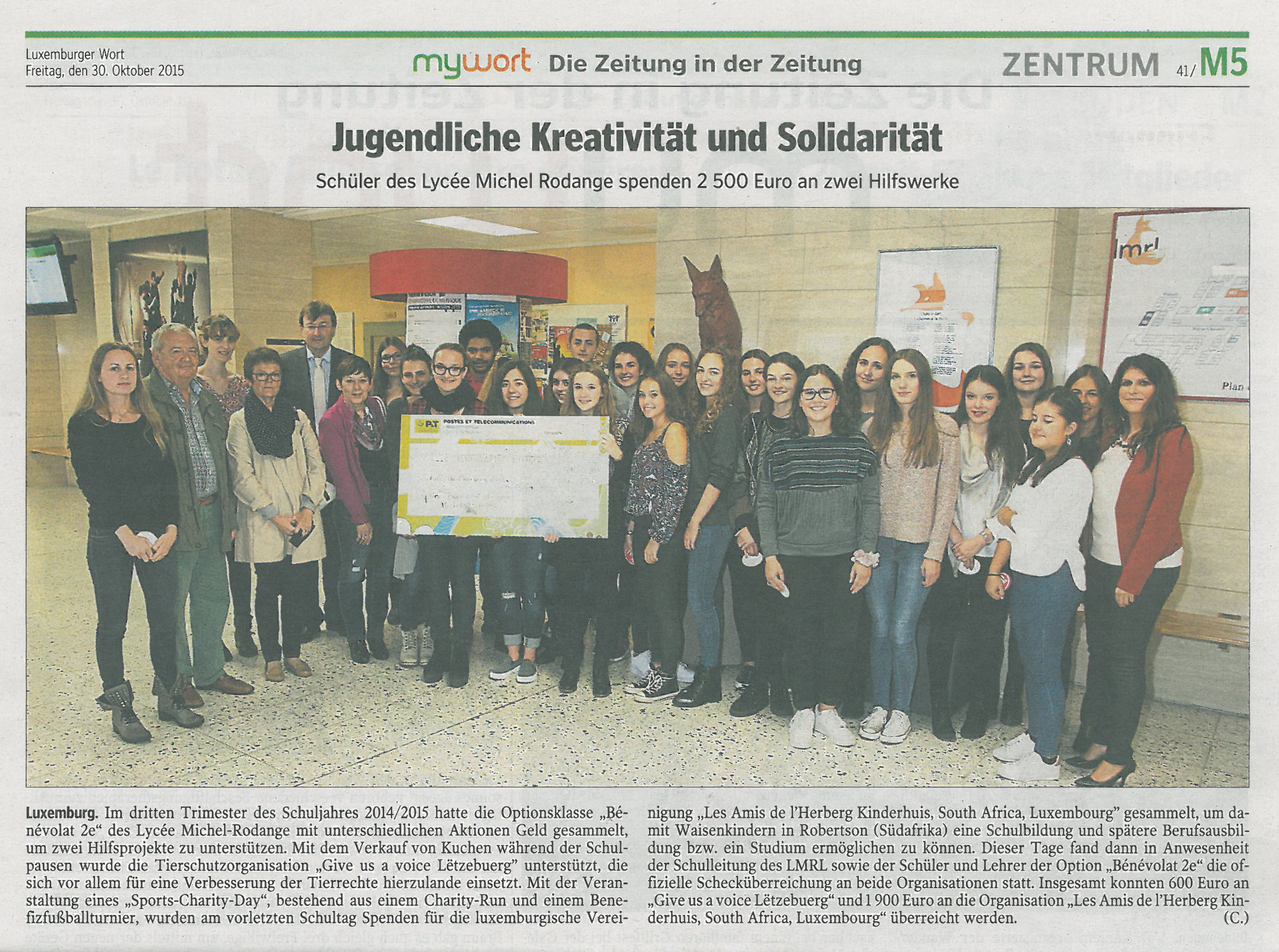 Luxemburger Wort Article Michel-Rodange School donation